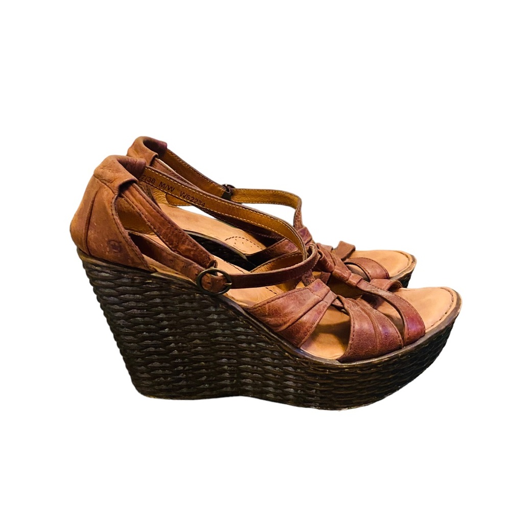 BORN Brown Basketweave Wedge Strappy Sandals